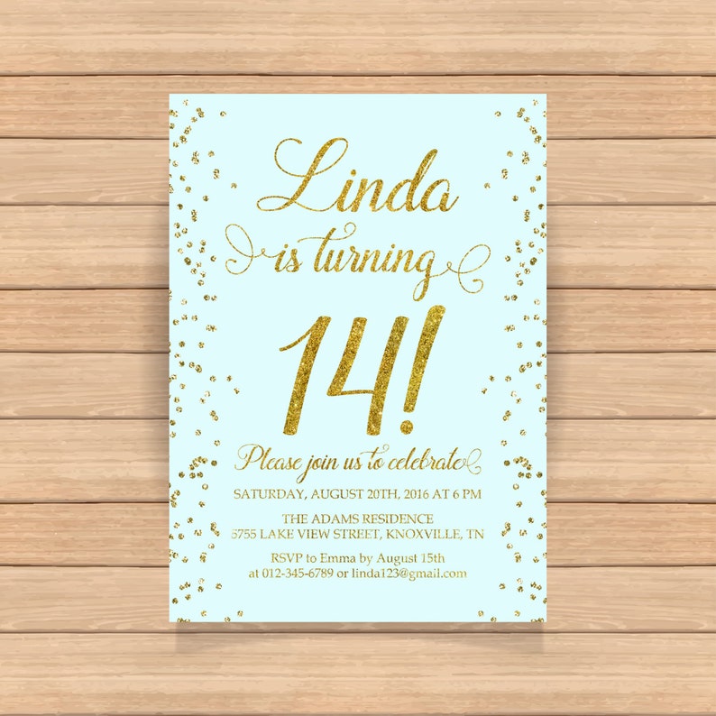 14th Birthday Invitation Fourteenth Birthday Gold Glitter Etsy