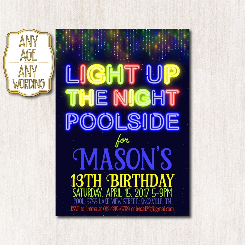 Pool Party Invitation Neon Birthday Party Boy Birthday Etsy