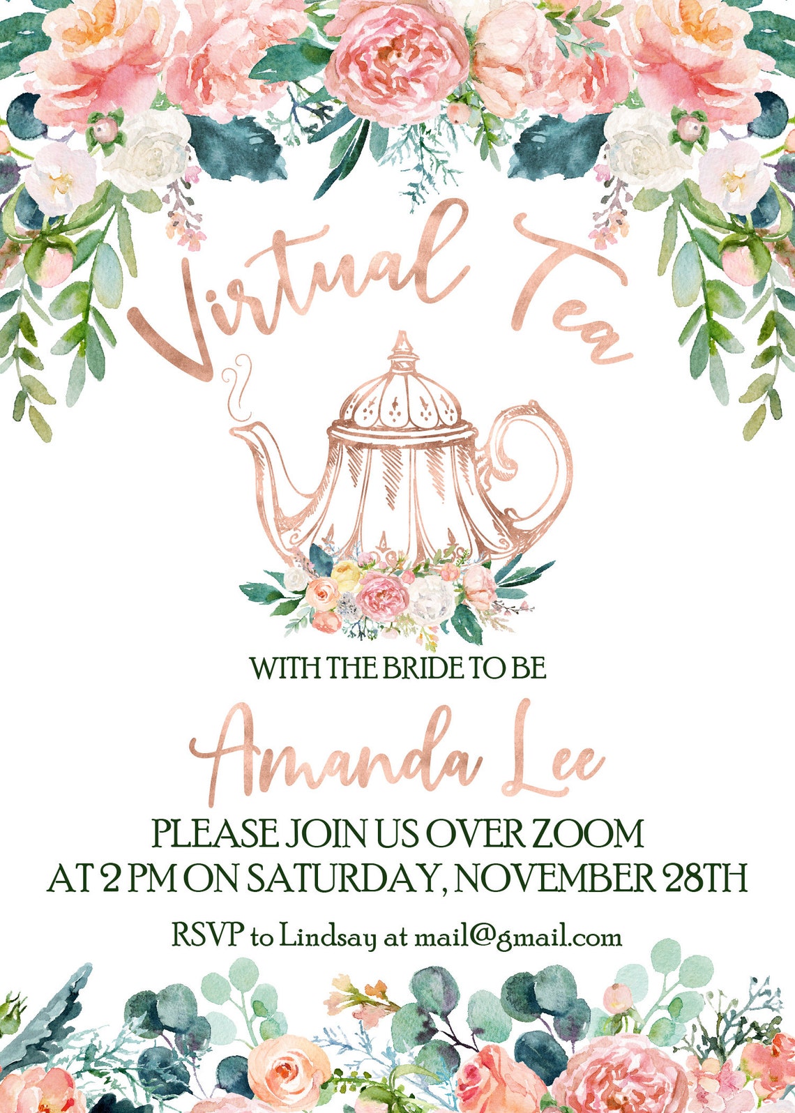 Virtual Bridal Shower Invitation Virtual Tea Party With the Etsy