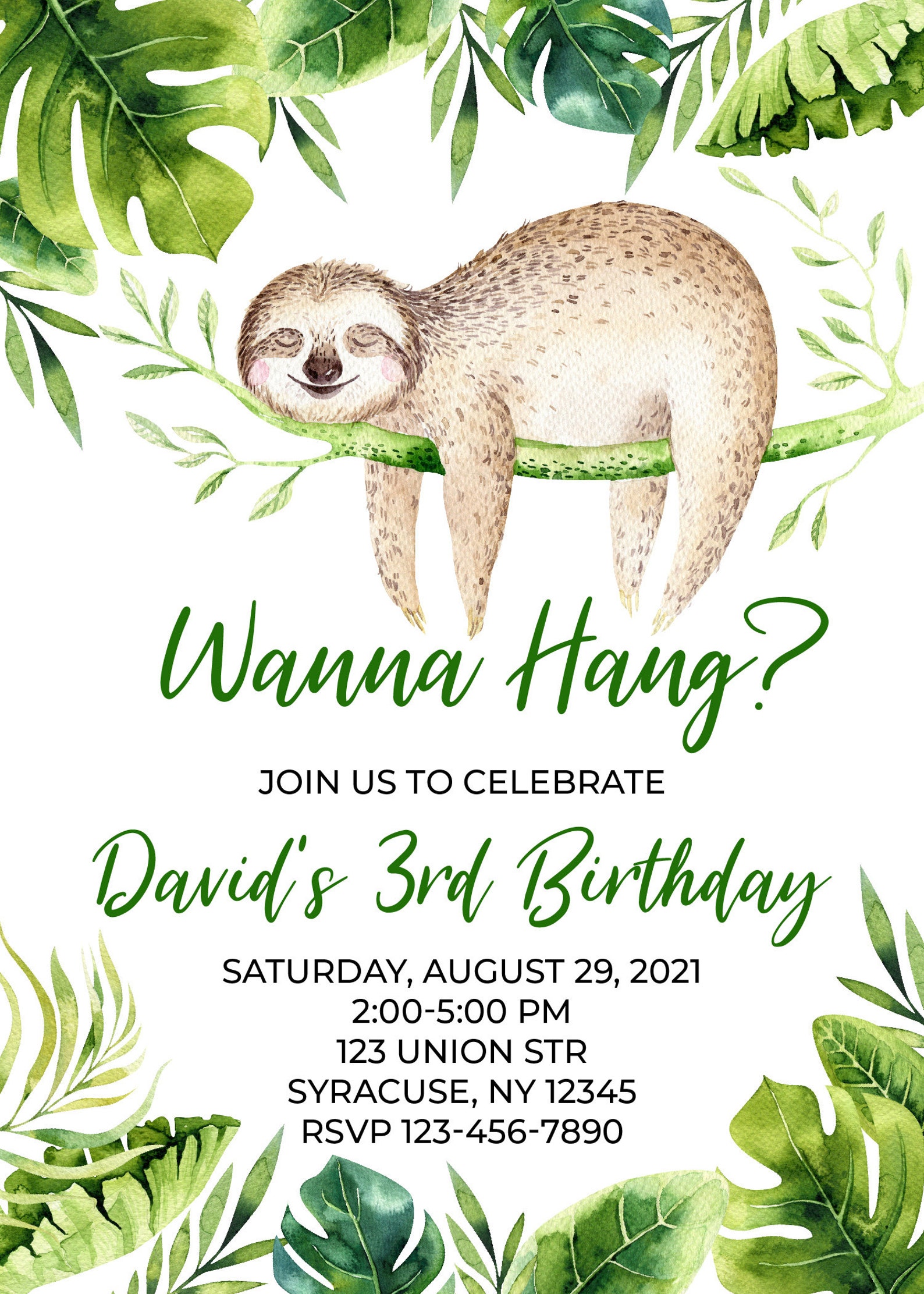 Еditable Template Sloth Birthday Invitation Tropical Boy | Etsy