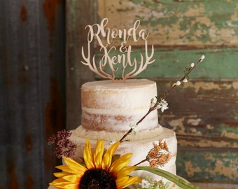 Deer antlers cake topper for wedding, rustic wooden cake topper, names topper, gold silver or wood