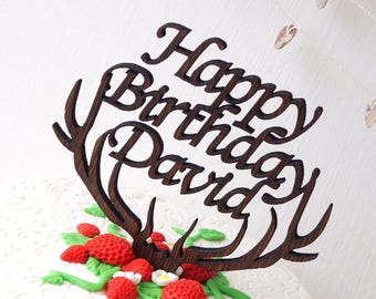 Happy Birthday cake topper, Birthday party cake topper, antlers cake topper, wood cake topper, rustic cake topper, special event cake topper