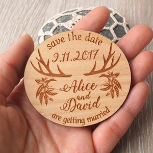 Save the Date magnets, wooden wedding save the dates, wood magnets, deer antlers save the dates, rustic save the date magnets, set of 25 pc