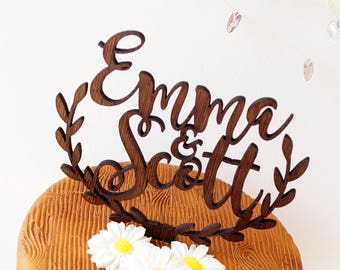 Rustic wedding cake topper, personalized cake topper, wooden cake topper, custom made names cake topper with leaf border design