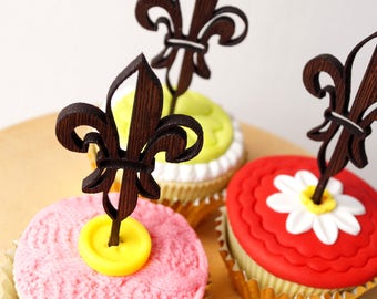 Cupcake toppers - wedding cupcake toppers - rustic wooden cupcake picks - fleur de lis cupcake toppers - bridal party cupcake decor - 10 pc
