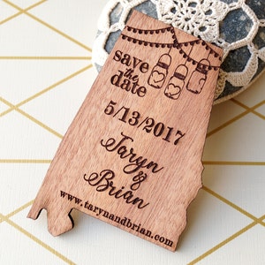 US state shaped save the dates,  personalized magnets, set of 25 pc.Wooden save the date magnets