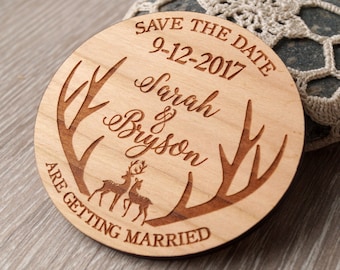 Save the Date magnets, wooden wedding save the dates, wood magnets, deer antlers save the dates, rustic save the date magnets, set of 25 pc