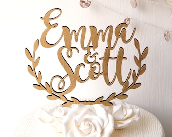 Wedding cake topper, personalized cake topper, rustic wooden cake topper, names cake topper, leaf border topper, your choice of wood