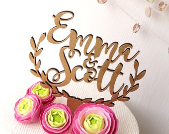 Cake topper, personalized wedding cake topper, rustic wooden cake topper, names cake topper, leaf vorder topper, your choice of wood