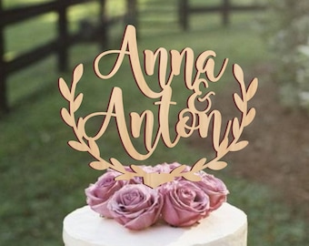 Personalized wedding cake topper, rustic wedding cake topper, wooden cake topper, names cake topper, leaf border topper, your wood choice