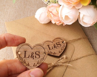 Belly band tags, rustic wooden belly bands for wedding invitations, personalized heart shaped tags with initials, logo etc., set of 10 pc