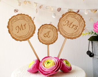 Mr & Mrs cake topper, wedding cake topper, rustic wooden cake toppers for wedding, wood slice cake toppers, set di 3pc