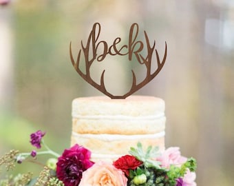 Personalized deer antlers cake topper, wedding cake topper, deer antlers topper, rustic wooden cake topper, initials topper