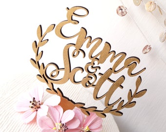 Custom cake topper, personalized wedding cake topper, rustic wooden cake topper, names cake topper, leaf border topper, your choice of wood