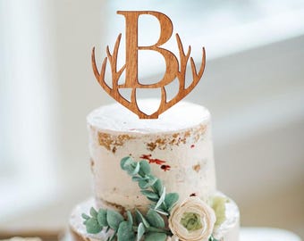 Monogram wedding cake topper, personalized cake topper, rustic wooden cake topper, antlers topper, single letter cake topper, cake decor