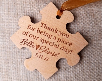 Puzzle piece wedding favors - Wooden puzzle piece ornament or magnet - Rustic wooden wedding favors - Puzzle piece gift for wedding guests