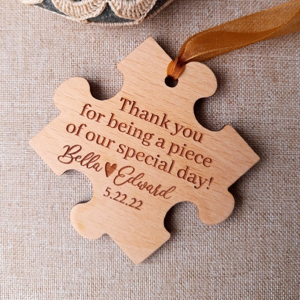 Puzzle piece wedding favors - Wooden puzzle piece ornament or magnet - Rustic wooden wedding favors - Puzzle piece gift for wedding guests