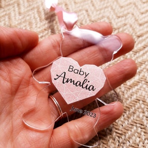 Teddy bear baby shower favors - Baby shower ornament - Clear acrylic bear with pink heart - Personalized teddy bear Thank you gifts