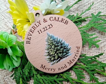 Wedding favor ornaments, winter wedding gifts for guests, evergreen tree ornaments, personalized Christmas ball ornaments, wedding favors
