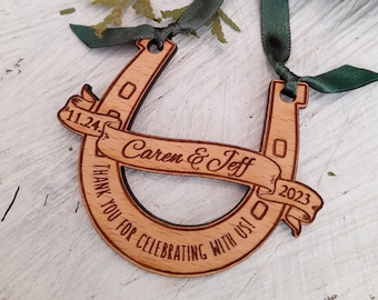 Horseshoe wedding favor ornament - wooden wedding favor ornament - thank you gifts for guests - personalized ornament