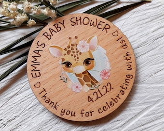 Baby shower favors - wooden baby shower magnets - baby girl magnets with printed cute giraffe design - favors for baby shower guests