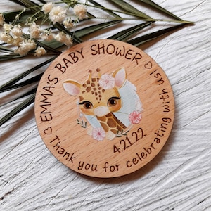 Baby shower favors - wooden baby shower magnets - baby girl magnets with printed cute giraffe design - favors for baby shower guests