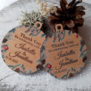 Wedding favors, wedding favor ornaments, winter wedding favors, thank you gifts for wedding guest, wooden Christmas ball ornaments, custom