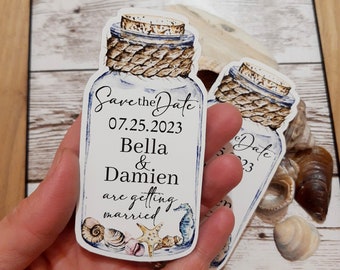 Wedding save the dates, nautical beach save the date magnets, message in a bottle design, printed save the dates, beach wedding magnets