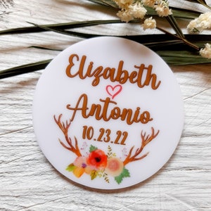 Wedding favor magnets, white acrylic magnets with deer antlers design, gifts for wedding guests, personalized acrylic magnets