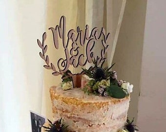 Wedding cake topper, cake topper for wedding, wooden cake topper, names cake topper, leaf border topper, your choice of wood, gold, silver