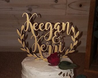 Wedding cake topper, personalized, rustic wedding cake topper, wooden cake topper, names cake topper, leaf border topper, rustic topper