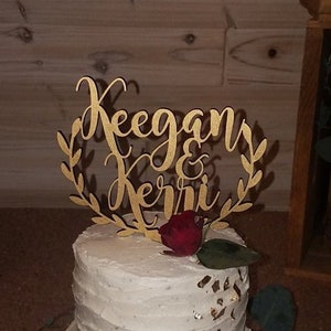 Wedding cake topper, personalized, rustic wedding cake topper, wooden cake topper, names cake topper, leaf border topper, rustic topper