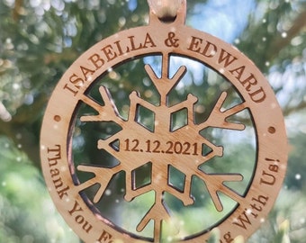 Snowflake wedding favor ornaments, personalized