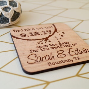 Save the Date magnets, Drinks on us! save the dates, wooden wedding save the dates, wedding save the dates, rustic magnets, set of 25