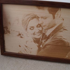 Wooden anniversary gift.5th wedding anniversary gift, engraved wooden photograph, picture engraving on wood, YOUR wedding picture on wood