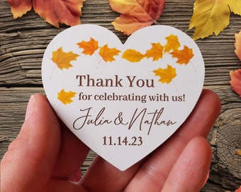 Recuerdos de boda - Imanes de corazón para recuerdos de boda - Recuerdos de boda de otoño - Imanes personalizados para recuerdos de boda - Diseño de hojas de otoño