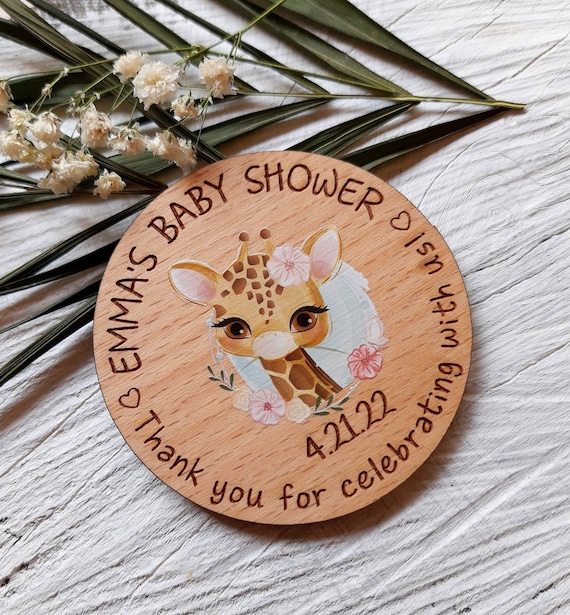 Baby shower favors - wooden baby shower magnets - baby girl magnets with printed cute giraffe design - favors for baby shower guests