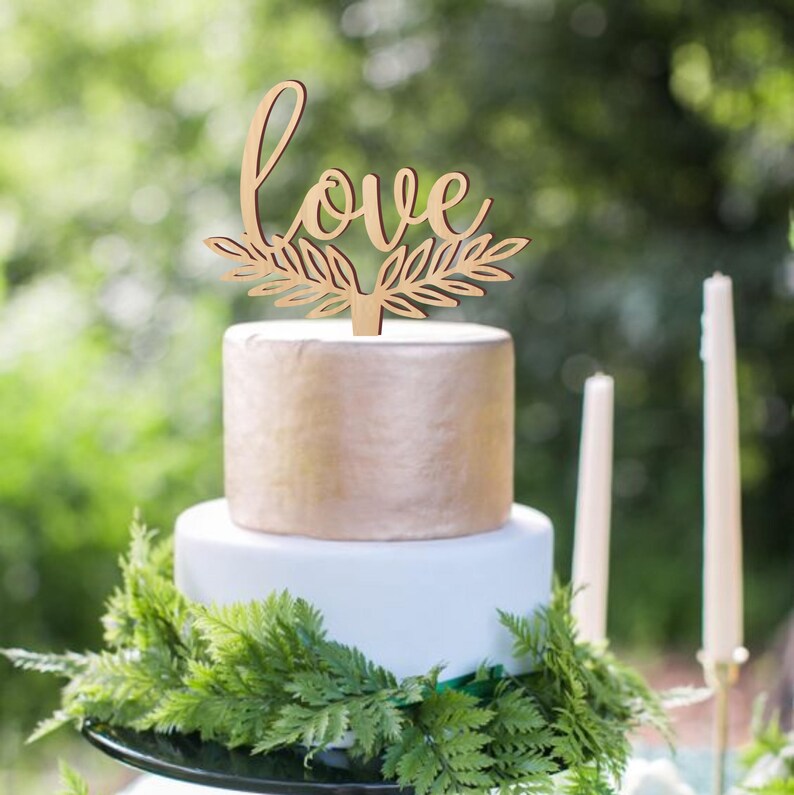 Cake topper, Love cake topper, wedding cake topper, wooden cake topper, rustic cake topper, made in gold, silver or your choice of wood image 1