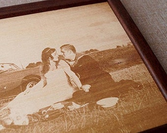 Anniversary gift.5th wedding anniversary gift, engraved wooden photograph, picture engraving on wood, YOUR wedding picture on wood