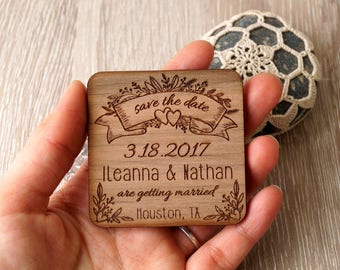 Engraved Wooden Save The Date Magnets, Rustic Wedding Favors, Set of 25