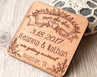 Engraved Wooden Save The Date Magnets, Rustic Wedding Favors Set of 25