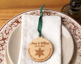 Personalized Wooden Snowflake Wedding Favor Ornament, Set of 25