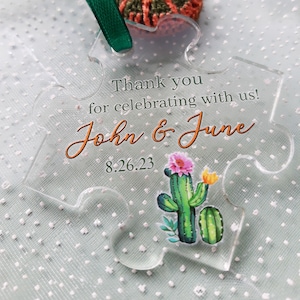 Puzzle piece wedding favors - clear acrylic puzzle favor ornaments with cactus design - personalized puzzle piece ornaments gifts for guests