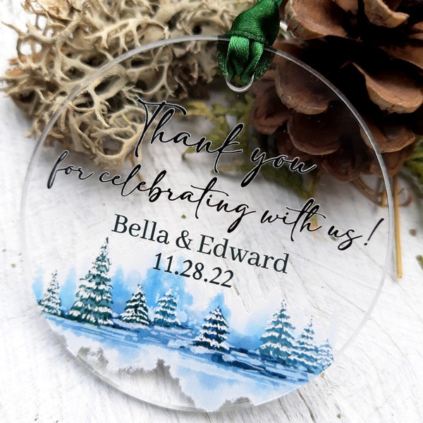 Wedding favor ornaments - clear acrylic printed ornaments - personalized woodland theme ornaments