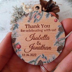 Wedding favor ornaments, winter wedding favors, thank you gifts for wedding guests, wooden Christmas ball ornament, personalized, 10 pc