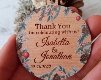 Wedding favor ornaments, winter wedding favors, thank you gifts for wedding guests, wooden Christmas ball ornament, personalized, 10 pc