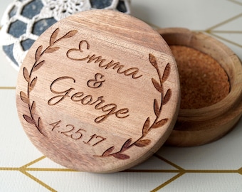 Wooden wedding ring box - personalized ring box - rustic ring holder - wedding ring bearer box - custom engraved ring box - acacia ring box