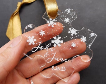 Pièce de puzzle cadeaux de mariage d'hiver - pièce de puzzle en acrylique transparent avec motif flocon de neige - pièce de puzzle personnalisée - cadeaux pour les invités du mariage