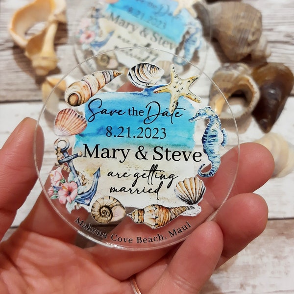 Beach wedding save the date magnets - printed clear acrylic magnets with nautical beach design - beach wedding save the dates