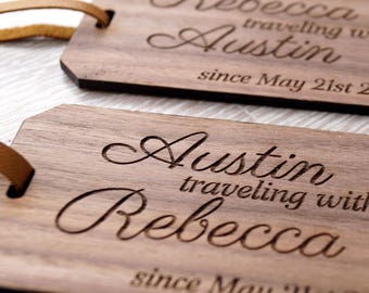 Wooden luggage tags set of 2, personalized engraved luggage tags, wedding gift idea, 5th wedding anniversary gift, travel tags, suitcase tag